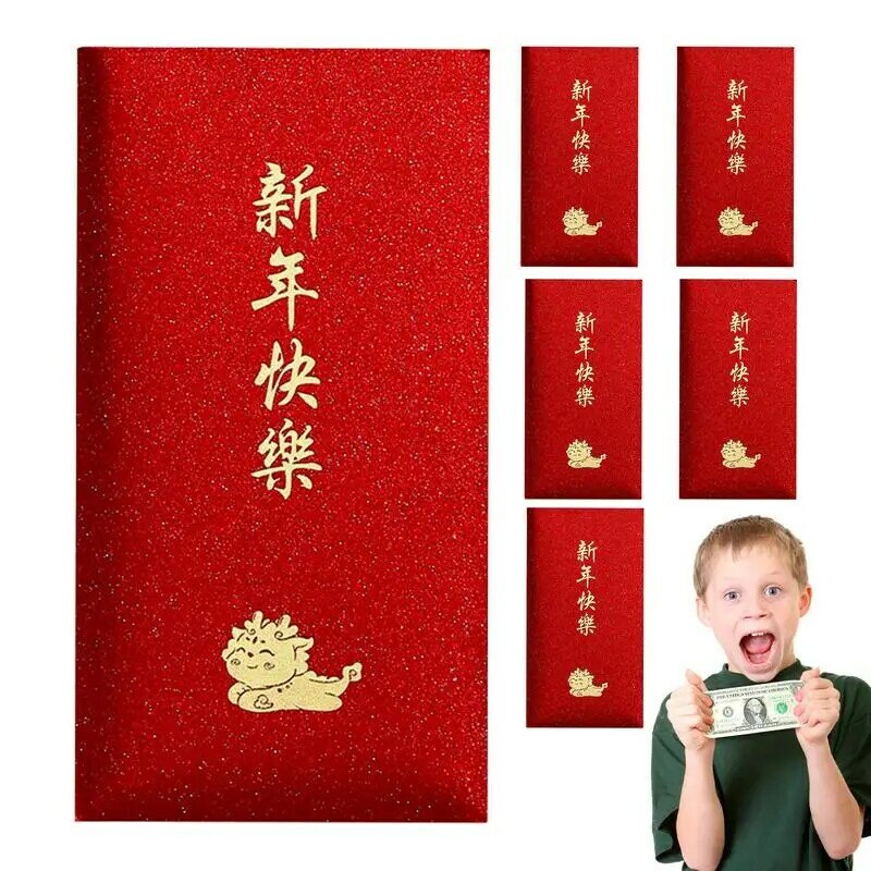 Ano novo chinês Dragão Glitter Envelope, cartão, Envelopes de Mailing para Lunar, 2022, 6pcs