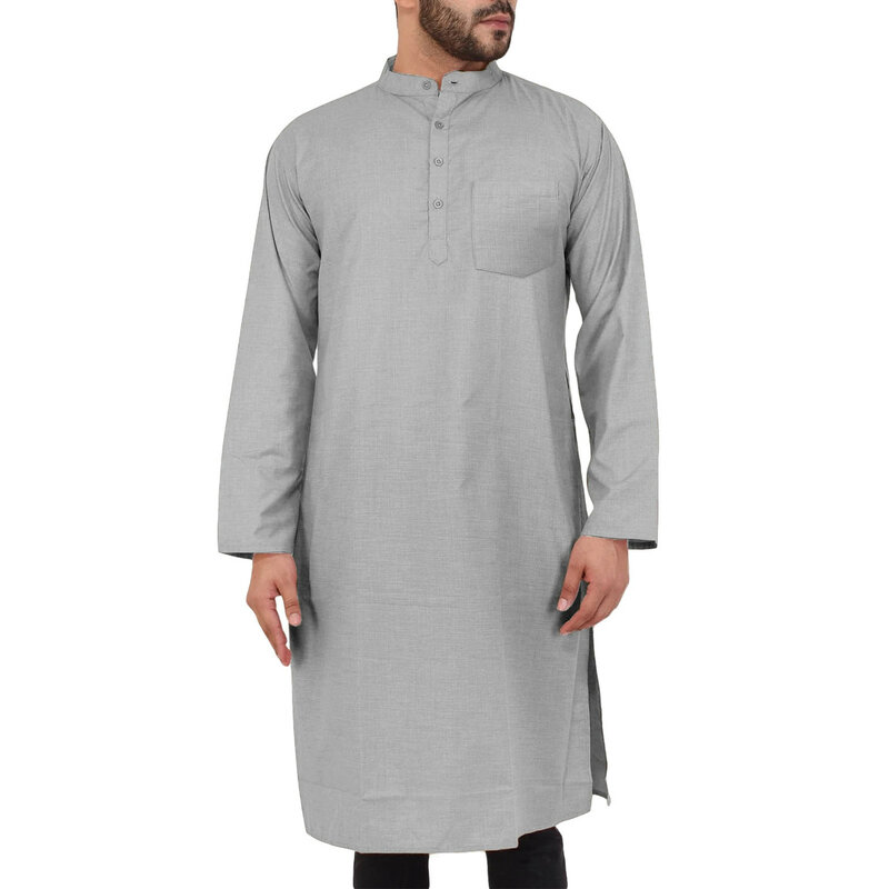 Bata informal de manga larga para hombre, camisa holgada con bolsillo, color liso, cómoda, para el hogar, Arabia musulmana, 2024
