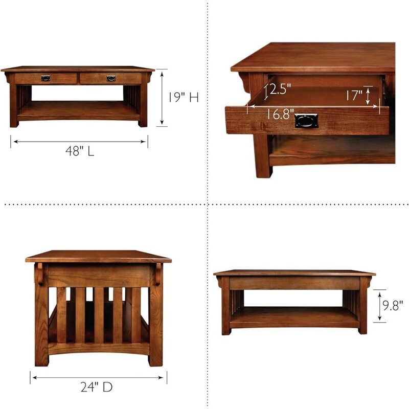 Stolik kawowy 8204 Mission Impeccable do salonu, dwie szuflady i półki, wykonany z litego drewna, wykończenie z dębu średniego