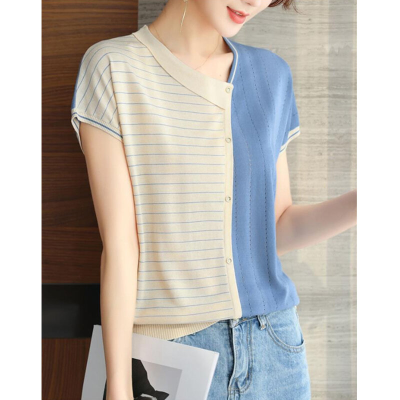 女性のためのシンプルなスタイルのカジュアルなストライプのパッチワークVネックTシャツ,半袖のナイトウェア,夏のファッション,エレガントなニットウェア,2023コレクション