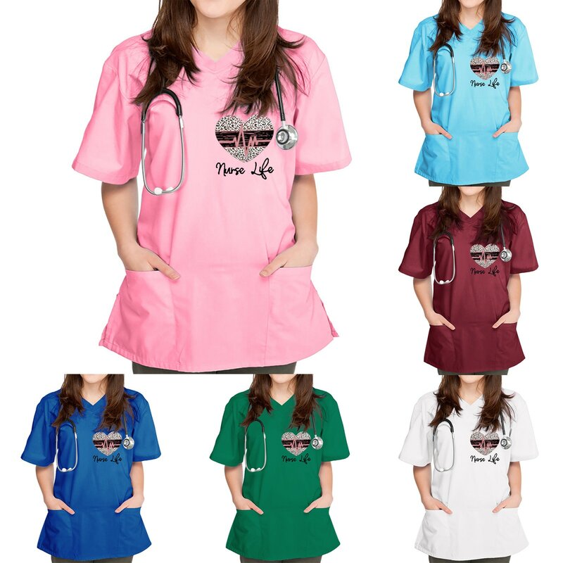 여성 간호사 유니폼, 짧은 소매 v넥 탑스 작업복, 플로랄 러브 프린트 포켓 블라우스 오버올, 간호사 유니폼, Clinico