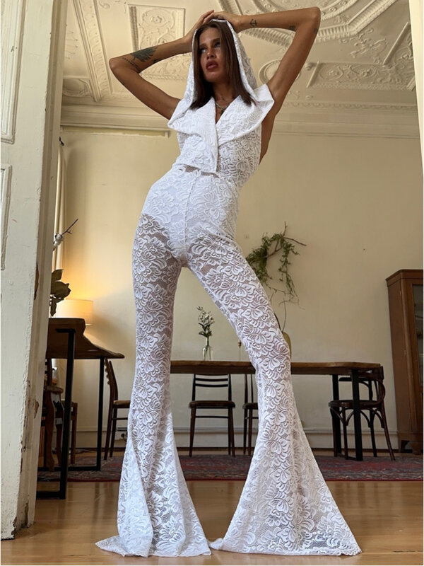 Fantoye Sexy Backless See Through Lace Women Jumpsuit White Sleeveless Hooded Jumpsuit Female Summer New Elegant Party Clubwear