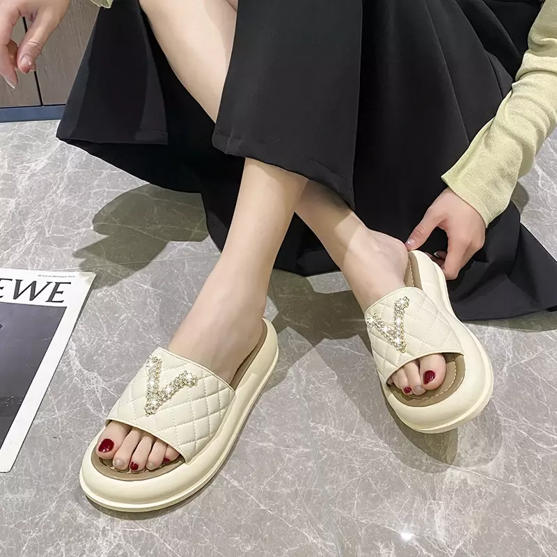 Chinelos de plataforma antiderrapante para mulheres, chinelos casuais, dedos abertos, letras de slides interiores, design de verão, sapatos femininos, 2022
