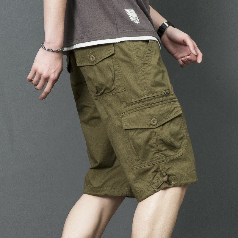 Short de carga solto de bolso múltiplo masculino, calça cinco quartos, calça casual reta, versão coreana, moda verão