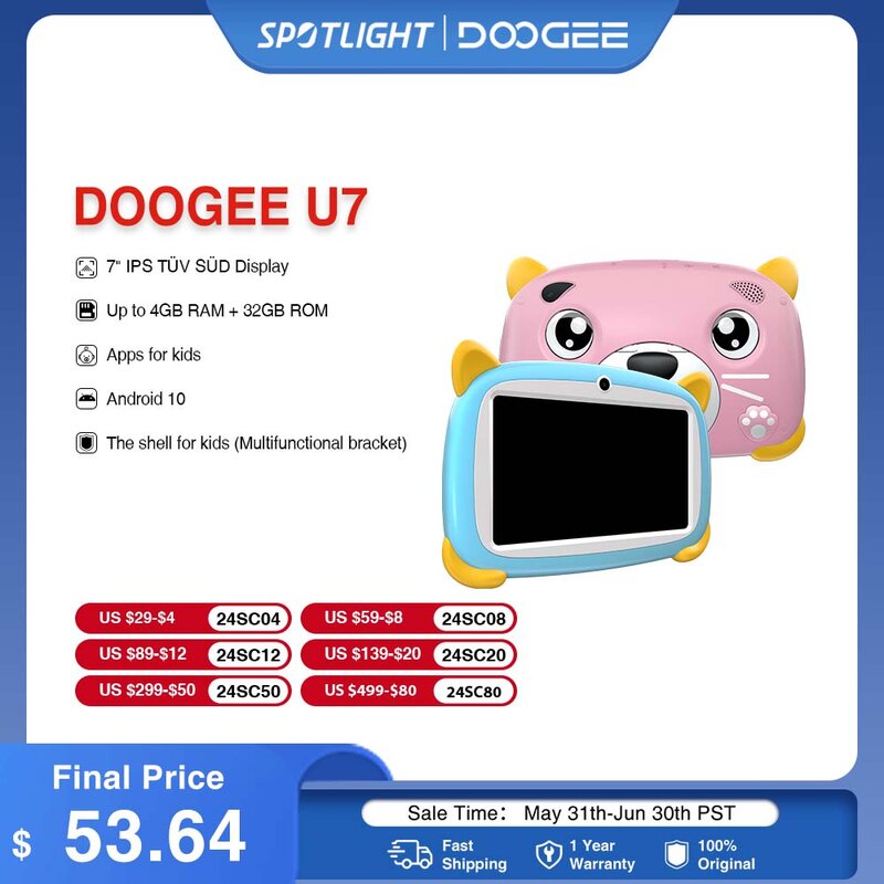 DOOGEE-U7 Tablet para Crianças, Tela IPS, 7 ", HD, IPS, 4GB, 2 + 2, 32GB, Quad-Core, 1,3 GHz, Android 10, 3400mAh Bateria
