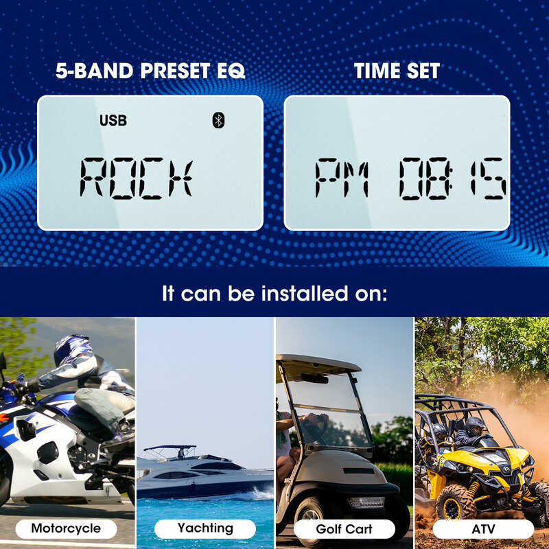 GRANDnavi-Marine Stereo Radio, Bluetooth FM, AM, Mídia digital, Leitor de áudio, Impermeável para iate, ATV, UTV, Carrinho de golfe, Motocicleta