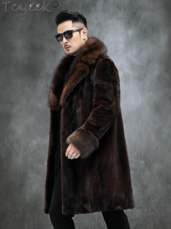 Tcyeek-Jaqueta de pele real masculina, casaco de pele de vison natural, roupas masculinas luxuosas, moda média-longa, alta qualidade, inverno