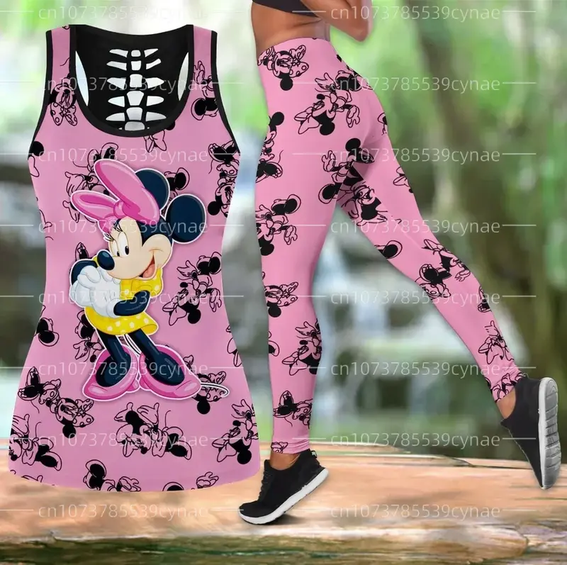 Disney Minnie Women's Hollow Vest + Women's Y2k Leggings Yoga Suit Fitness Leggings Sports Suit Tank Top Legging Set Outfit
