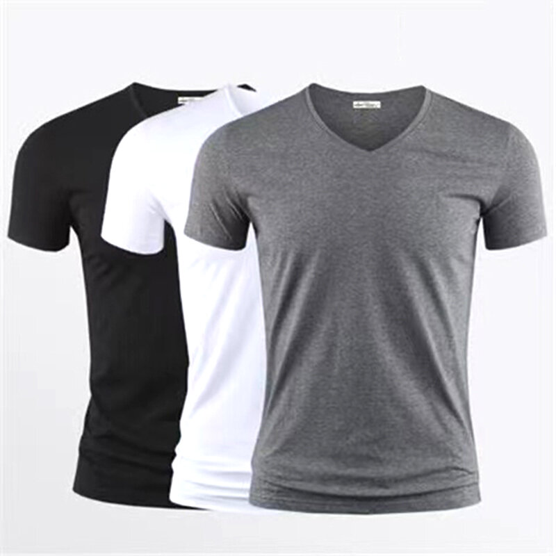 2024 T-Shirt męski w czystym kolorze V kołnierz z krótkim rękawem T-Shirt męski T-Shirt czarne rajstopy męskie T-shirty Fitness dla odzież męska