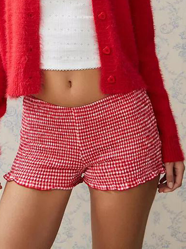 New Fashion Womens Summer Casual Pajama Shorts Red Elastic Band Ruffle Trim Plaid Lounge Shorts Skin Friendly Hot Sale S M L