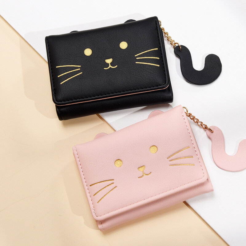 Lady's Purse Cartoon Cat Wallet for Women Folding Leather Change Purse Girls Bank Credit Card Wallet Portable Hasp Billfold 2024