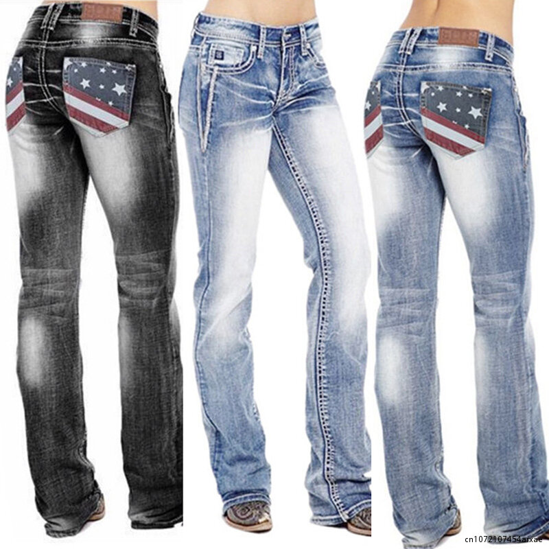 Jeans lavado para mulheres, bandeira americana, cintura alta, calça vintage, jeans harajuku