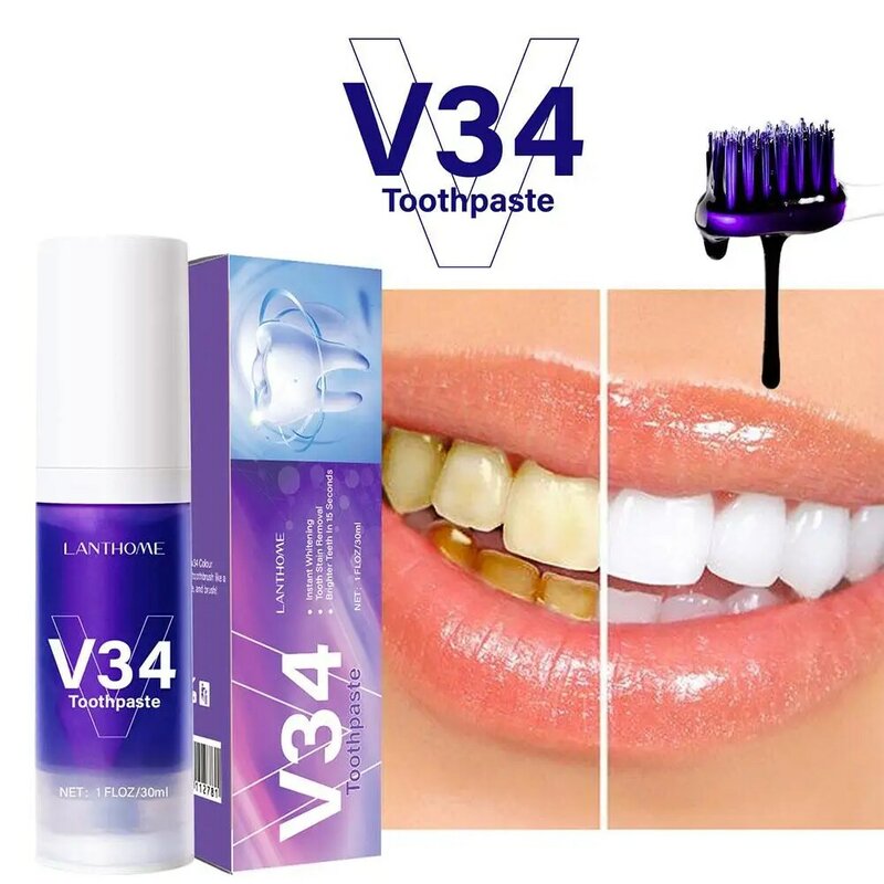 ยาสีฟันสีม่วงฟอกสีฟัน V34ขจัดคราบฟันที่ทำให้ลมหายใจขาวกระจ่างใสตัวแก้ไขช่องปาก A8W3สีเพื่อเพิ่มความสว่างให้กับฟัน