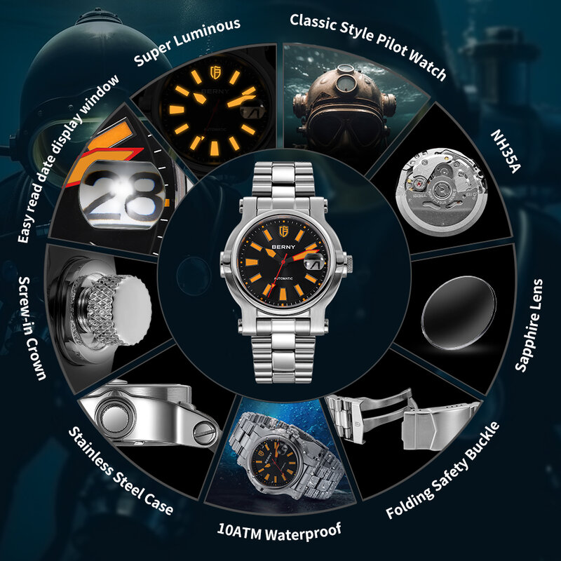 BERNY-Relógio de pulso automático impermeável do mergulho dos homens, Sapphire luminoso, aço inoxidável, relógio do esporte, relógio mecânico do esporte, 10ATM, Seiko NH35