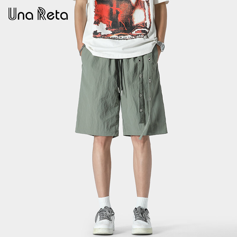 UNA RETA กางเกงขาสั้นสำหรับผู้ชาย, กางเกงขาสั้นทรงหลวมไซส์ใหญ่พิเศษกางเกงขาสั้นพับขาฮิปฮอปสตรีทแวร์2024
