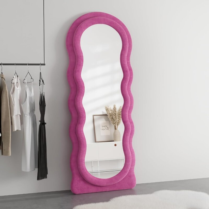 전체 길이 거울, 불규칙 물결 모양 큰 바닥 길이 거울, 벽 장착, 뜨거운 핑크 거울용 서있는 물결 나무 프레임, 63 인치 x 24 인치