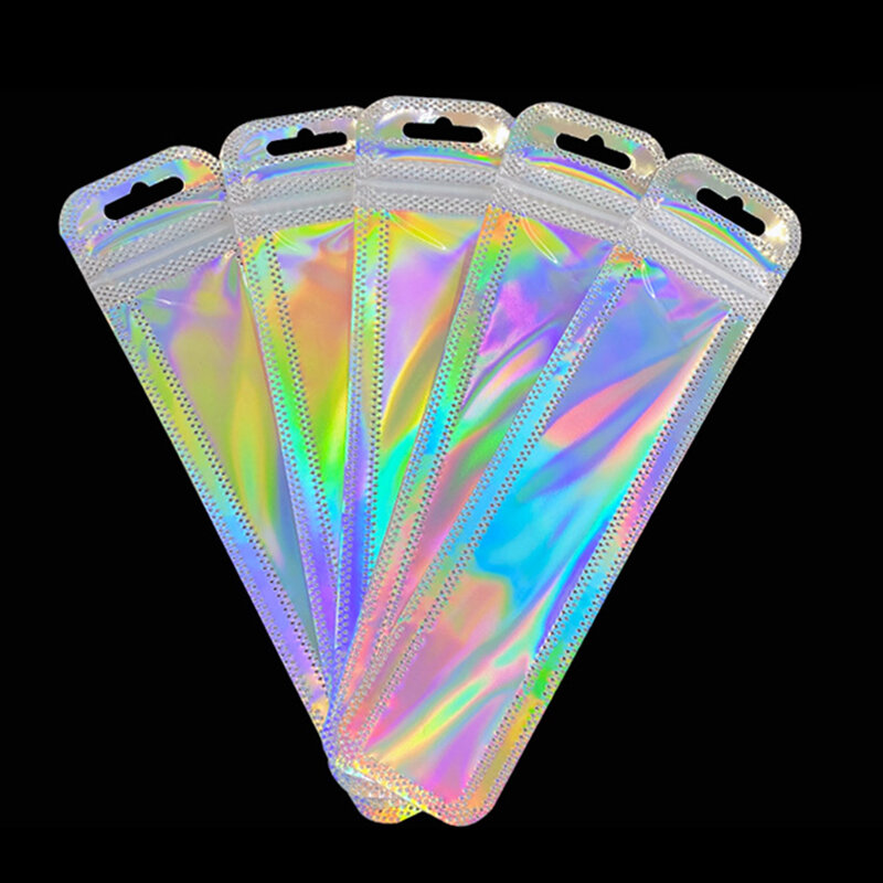 50 sztuk opalizujące opakowanie strunowe przezroczyste laserowe zagęścić uszczelka z tworzywa sztucznego torby na biżuterię wyświetlacz rękodzieła paznokci rzęs opakowania
