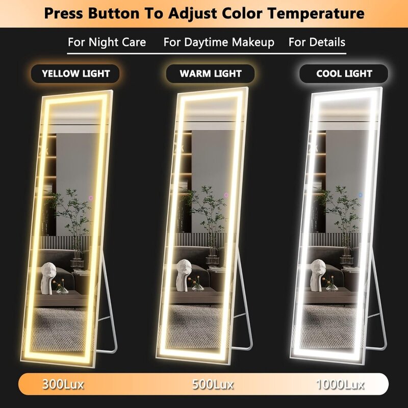 Full Length Mirror,63" X 20" with Lights and Stand,Wall Mounted and Floor Mirror,LED Lighted,Dimming & 3 Color Modes,White