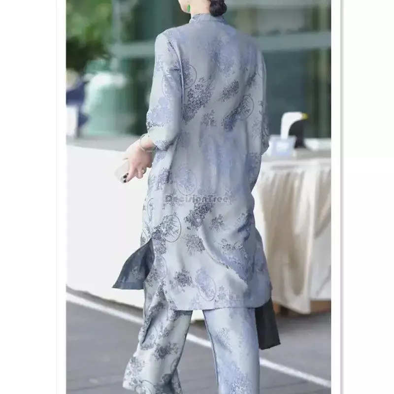 Conjunto de dos piezas de jacquard para mujer, traje cheongsam de media manga, estilo nacional, holgado, retro, mejorado, s233, 2023