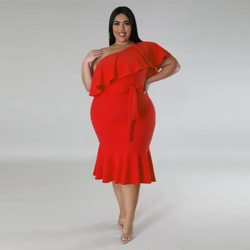 Plus Size Sexy Dress Fish Tail Diagonal Collar Ruched Skinny Party Elegant Fashion Lace Up Casual Evening Women's Clothing