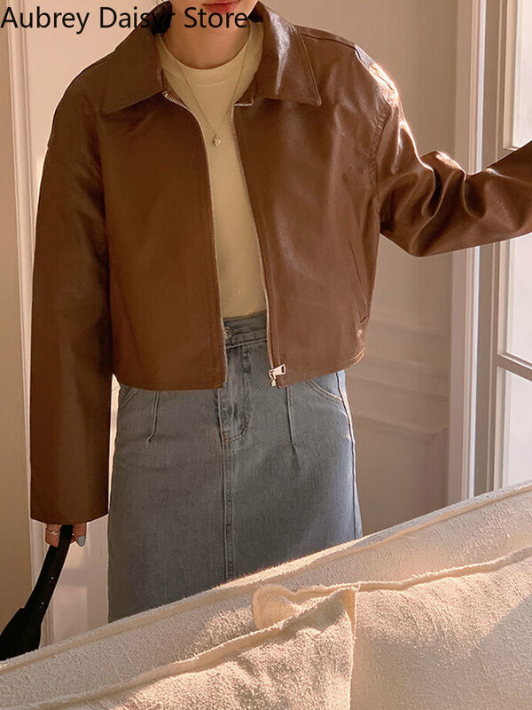 우아한 한국 패션 가죽 자켓 크롭 인조 모피 코트 여성용, 스트리트웨어 하이 스트리트 빈티지 모토 바이커 지퍼 재킷