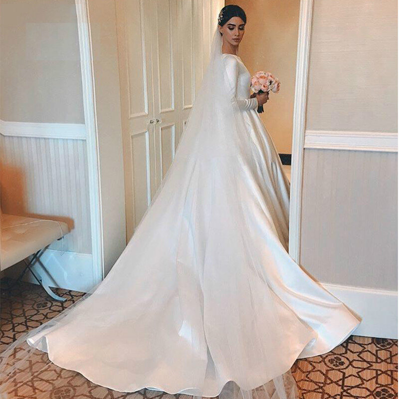 Vestidos De Novia semplice abito da sposa in raso bianco Vintage Plus Size maniche lunghe Princesa abito da sposa su misura Robe Mariée