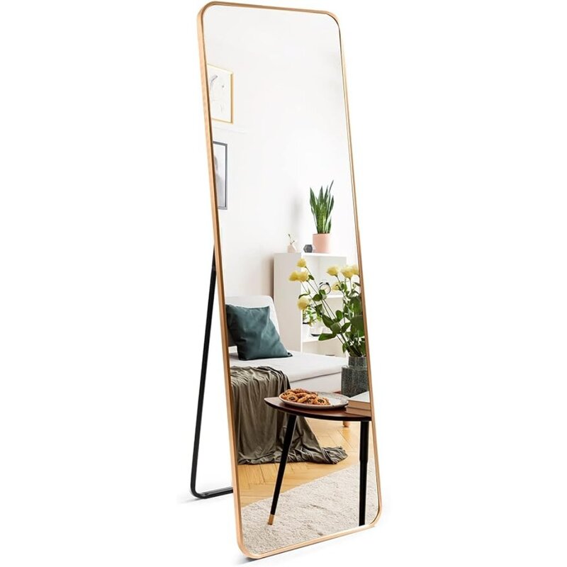Espejo de piso dorado de longitud completa con marco de aluminio para montar en la pared, de pie, inclinado, espejo grande de cuerpo completo para vestidor