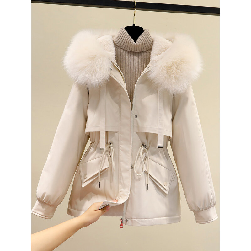 2023 Women's Fall Winter Cotton Jackets Korean Style Solid Color Hooded Outerwear Thick Thermal Windproof Office Lady Overcoat