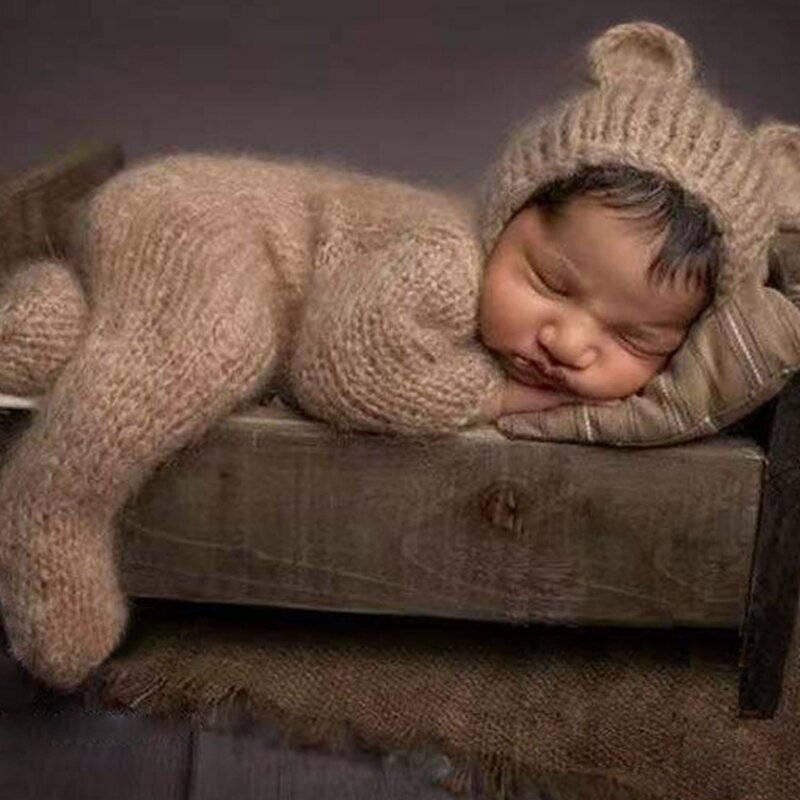 Pakaian fotografi baru lahir, topi telinga beruang dengan Romper, properti foto bayi