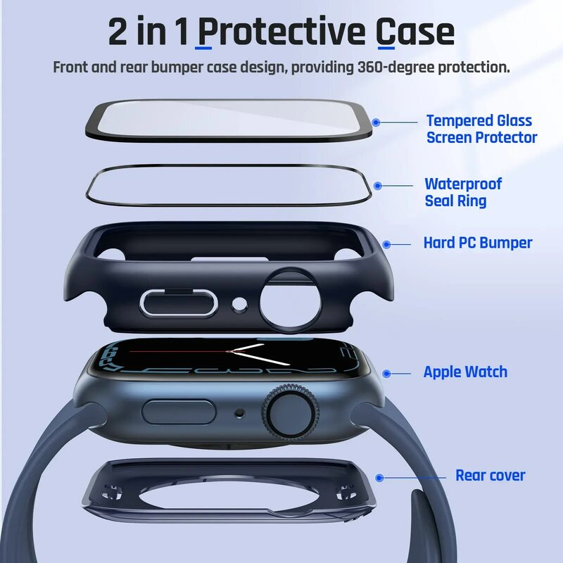 Funda impermeable para Apple Watch, película protectora de 45mm, 41mm, 40mm, 44mm, 360 cristal completo, actualización a Ultra 49mm para iWatch Series 9, 8, 7