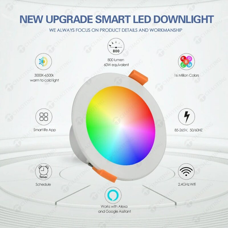 Luz LED descendente redonda inteligente con Wifi, luces empotradas de color azul, Control por Tuya, RGB