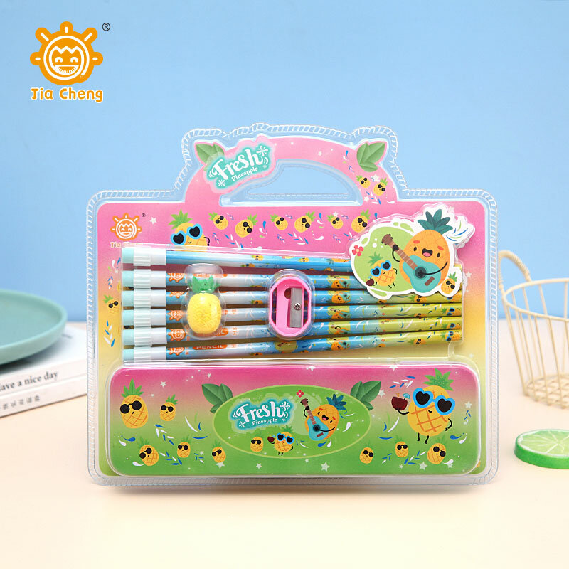Cartoon Pencil Stationery Set para crianças, 1 caixa, 6 lápis, 1 borracha e 1 pinça