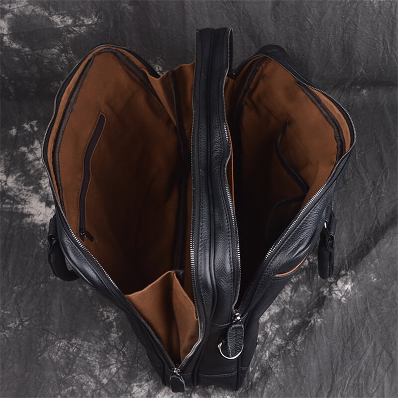 Maletín de cuero genuino A4 para hombre y mujer, bolsa de mensajero para ordenador portátil de 14 pulgadas, con 2 bolsillos principales, color negro, M1814