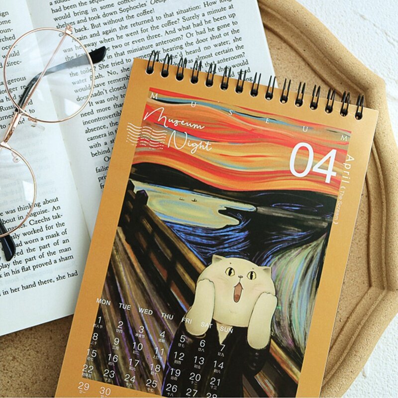 1 sztuka kotek 2024 kalendarz biurkowy muzeum kot noc kreatywny Ins dekoracyjny kalendarz biurowy materiały szkolne