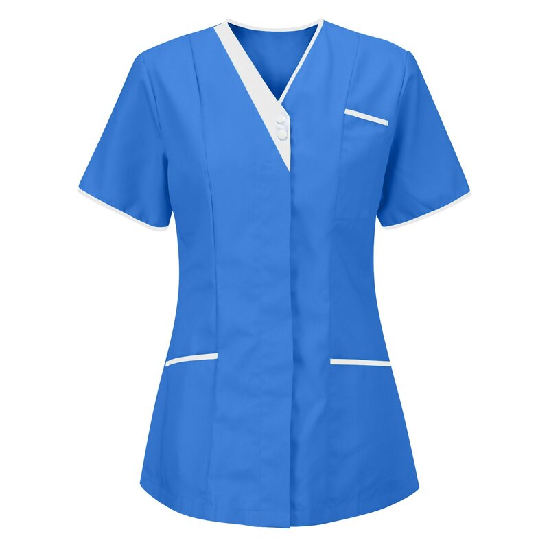 Atasan Wanita lengan pendek leher V, atasan seragam perawat blok warna dengan saku kesederhanaan kasual pakaian kerja wanita