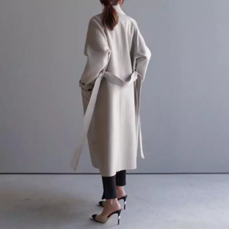 Damski zimowy elegancki wełna mieszana jednolity kolor koreański, z długimi płaszcz moda Retro czarny prosty wełniany szeroki płaszcz wielbłąda beżowy