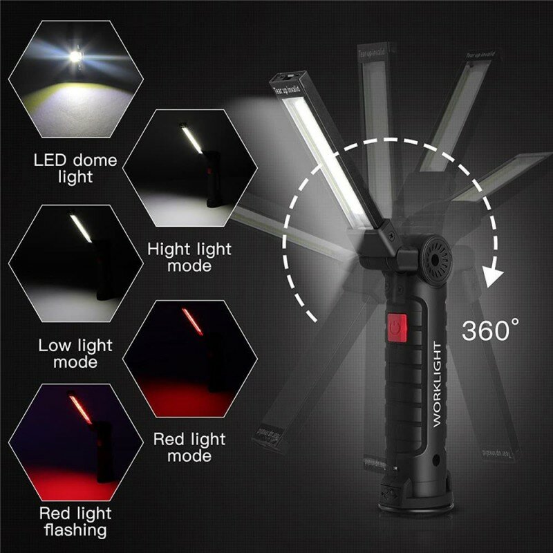 Lanterna LED USB Recarregável Luz de Trabalho Portátil COB Lanterna Magnética Pendurada Lâmpada com Bateria Embutida Tocha De Acampamento