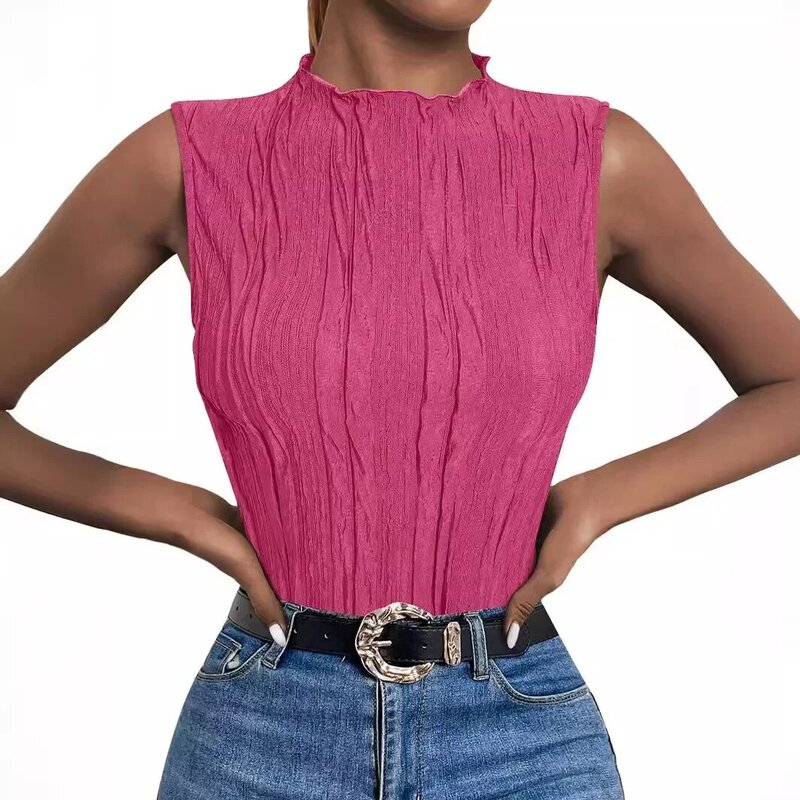 Summer New Pleated Solid Color Half High Collar Women Knitted Top Slim Fit Sleeveless Tank Top T-shirt