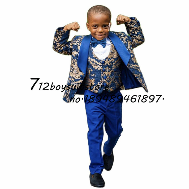 Suit for Boys Wedding Floral Jacket Pants Vest Three-Piece Set Gold Pattern Fashion Blazer Kids Complete Clothes ملابس اولاد