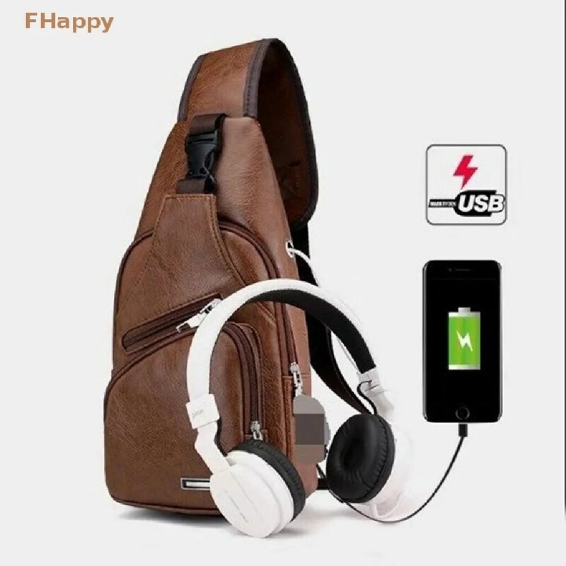 กระเป๋าคาดหน้าอกมีช่องเสียบหูฟังสำหรับผู้ชาย, กระเป๋าสะพายไหล่คนส่งเอกสารแฟชั่นหนัง PU กันน้ำมีช่องเสียบชาร์จด้วย USB สำหรับกลางแจ้ง