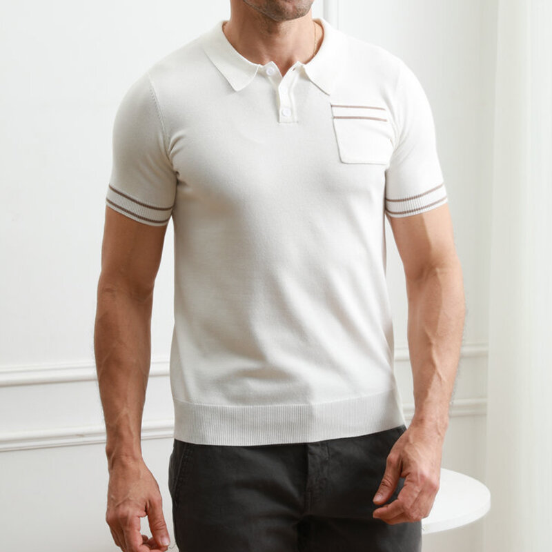Polo Slim respirant à manches courtes pour hommes, conception de patchs de poche en Y, classique, été, loisirs