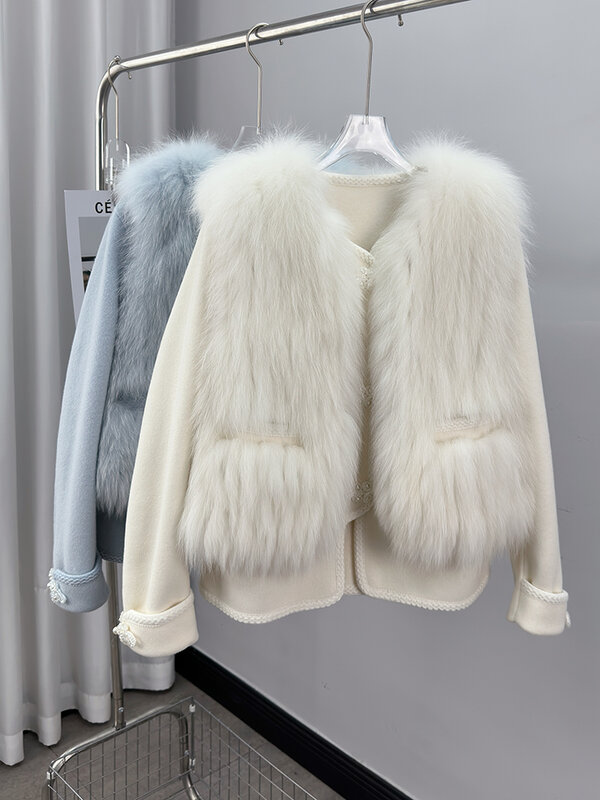 Casaco de lã dupla face para mulheres, casaco curto juvenil, capim peludo, 2 conjuntos, outono e inverno, 2023