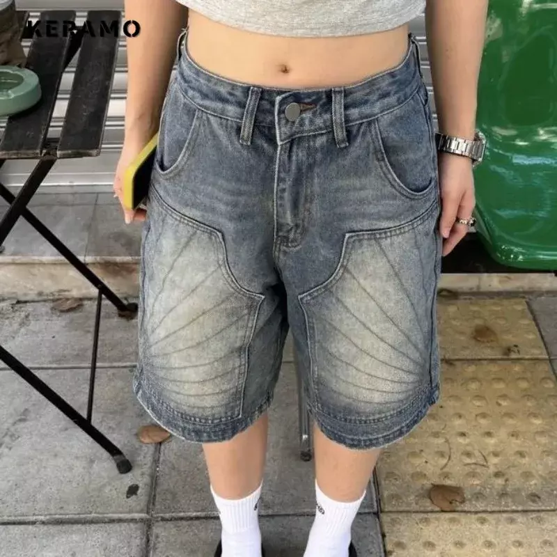 Jeans Casual stile Harajuku da donna estate 2024 pantaloncini lavati larghi estetici Vintage Y2K tasche Punk a gamba larga pantaloncini di Jeans