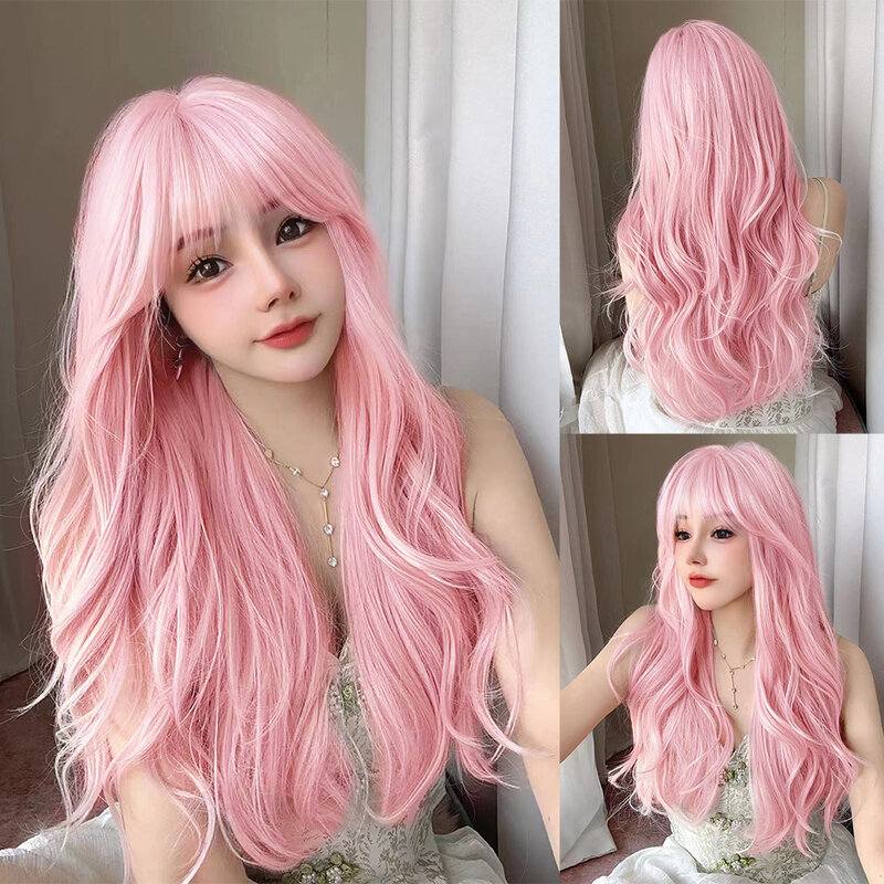 30Inch Pretty Pink Synthetic Wigs with Bangs Long Natural Wavy Hair Wig for Women Daily Use Cosplay Drag Queen Heat Resistant