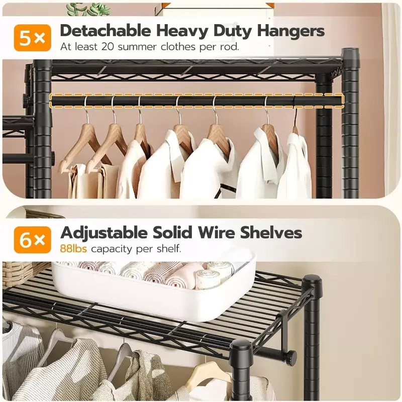 Clothes Drying Rack Freestanding 6-Tier Closet Organizer Portable Hanger Max Load 800 Lb Multi-Functional Bedroom Garment Rack