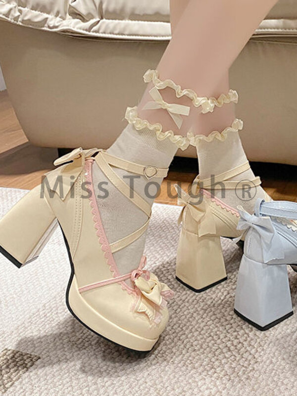 Женские винтажные туфли с бантом, Туфли Мэри Джейн на платформе, с пряжкой в форме сердца, Лолита, милые дизайнерские туфли, лето 2024