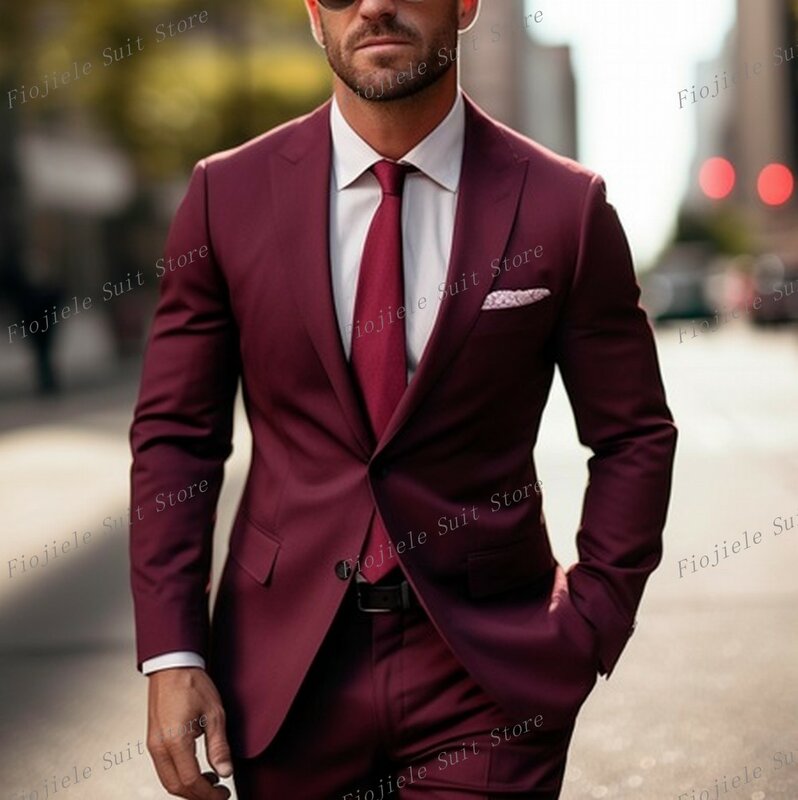 New Burgundy Formal Occasion Male Tuxedos Groom Groomsman Wedding Party Prom Business Casual Men Suit 2 Piece Set Blazer Pants