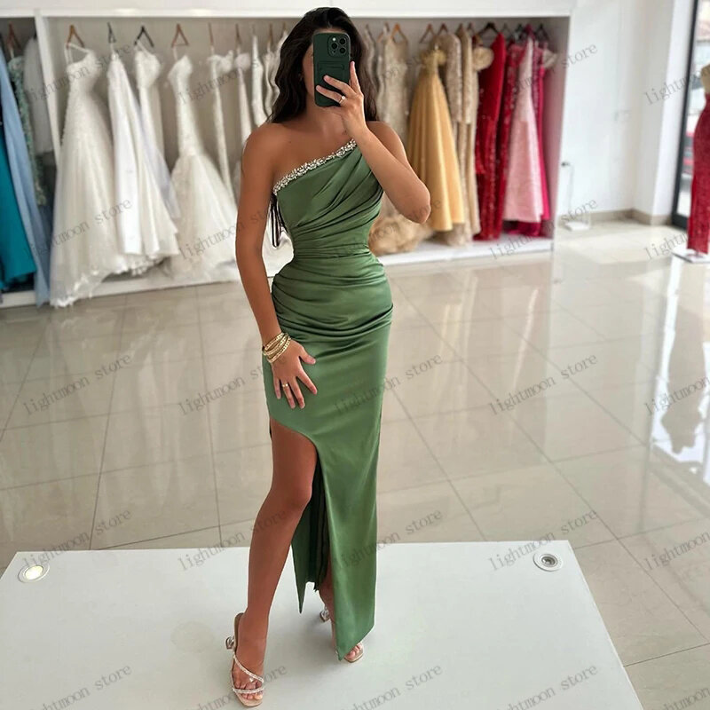 Glamorous Evening Dresses Sexy Ball Gowns Satin Pleat Prom Dress Strapless High Slit Robes For Formal Party Vestidos De Gala