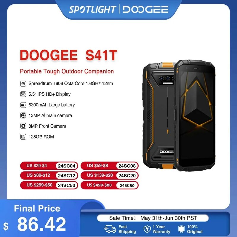 DOOGEE S41T telefono robusto 5.5 "IPS HD 13MP AI tripla fotocamera 8GB RAM + 64G ROM Quad Core 6300mAh Android 13 telefono