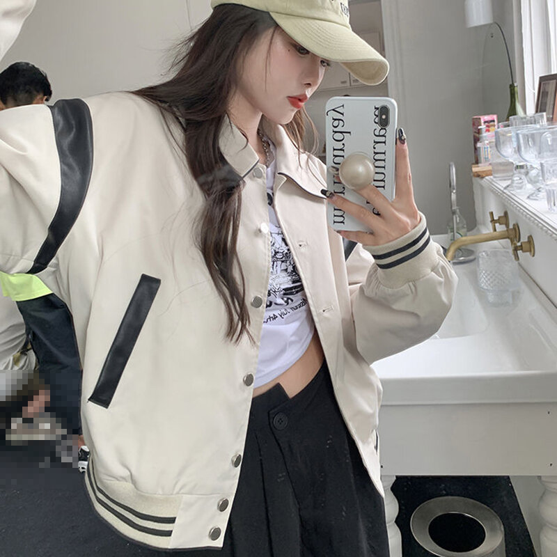 Rimocy-Jaqueta uniforme de beisebol coreana moda feminina, jaquetas bomber chiques de gola virada para baixo, streetwear mulher, casacos de botão, 2021